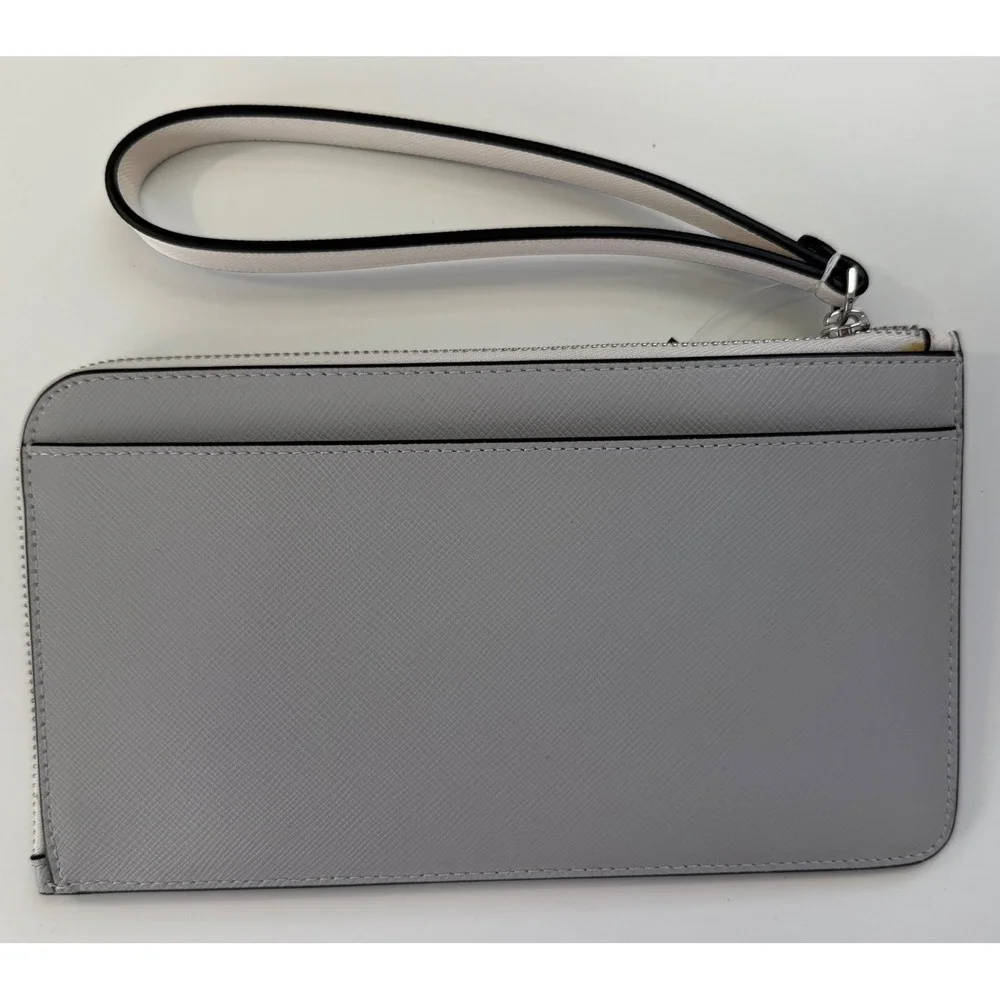 Kate Spade Colorblock Saffiano‎ Leather Medium L-Zip Wristlet Grey White DEFECT